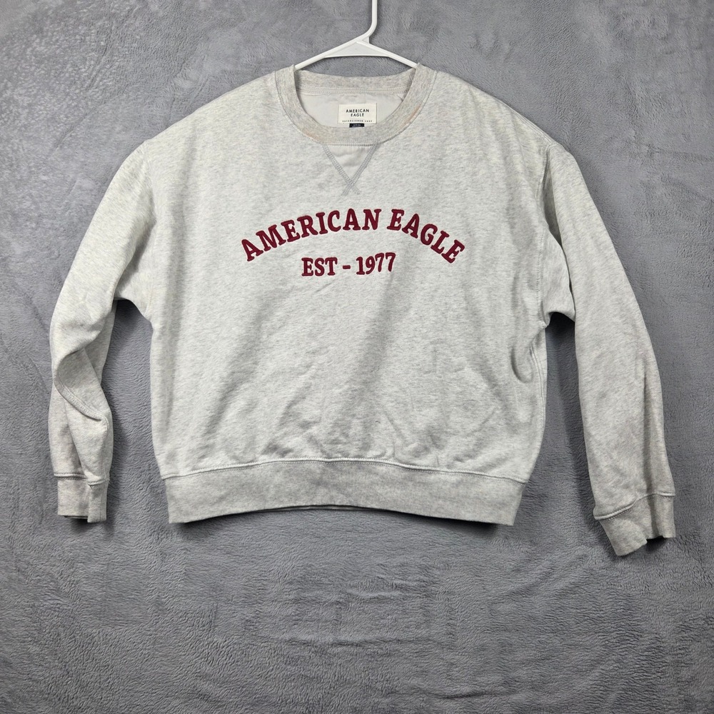 American Eagle Sweatshirt Womens S Gray Fair Graphic Crewneck Pullover Fleece